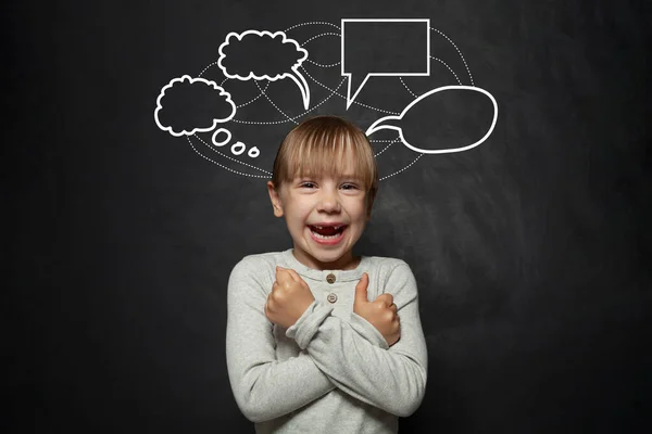 Laughing Child Girl Speech Clouds Bubbles Black Blackboard Idea School — Stock Photo, Image