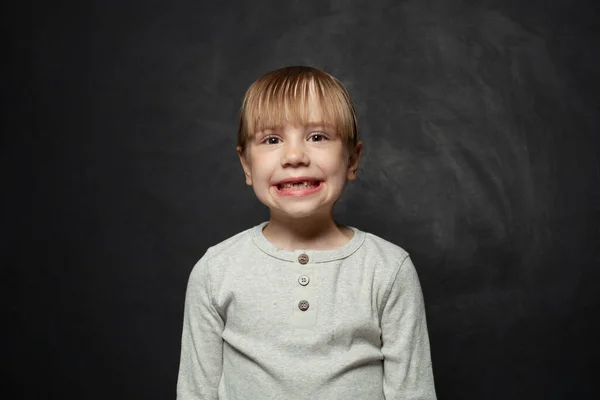 Funny Young Girl Kid Laughing Grimacing Black Blackboard Portrait — Stock Photo, Image