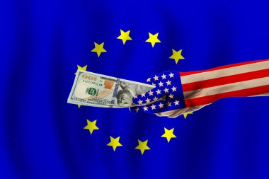 American hand with 100 US dollar against European Union flag background
