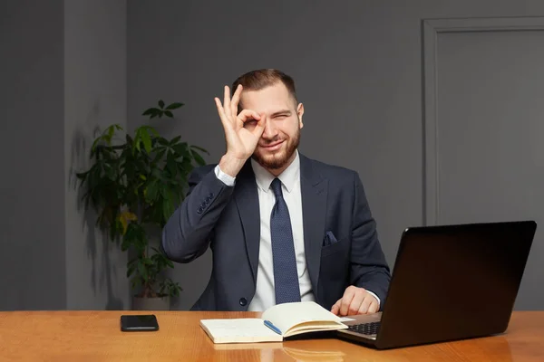 Portrait of confident cool smart businessman showing ok signs and working in office