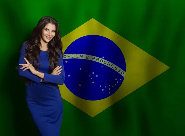 Cute Woman Blue Dress Smiling Brazilian Flag Background — Stock Photo, Image