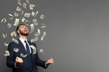 Genç işadamı ve dolar nakit para Gri üzerine yağar