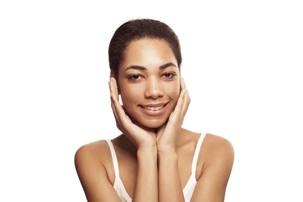 Piękny Szczęśliwy Afryki Amerykanka Kobieta Białym Tle — Zdjęcie stockowe