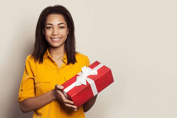 Happy Pretty African American Woman Holding Gift Looking Camera White — Stock Photo, Image
