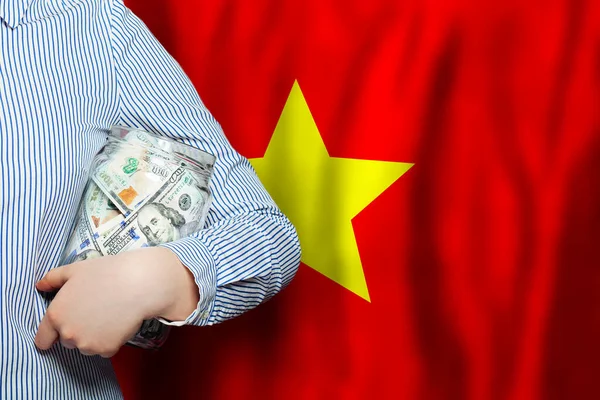 Dinero Efectivo Dólares Estadounidenses Mano Sobre Fondo Bandera Vietnamita — Foto de Stock