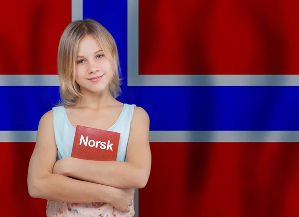 노르웨이 비문이 새겨져 교과서를 귀여운 소녀가 노르웨이 인들의 깃발에 — 스톡 사진