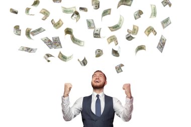 İş, para, finans, insanlar ve bankacılık kavramı. Bir dolar nakitle gülen iş adamı.