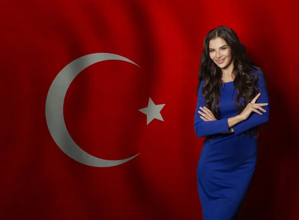 Cheerful Young Woman Blue Dress Smiling Turkish Flag Background — Stock Photo, Image