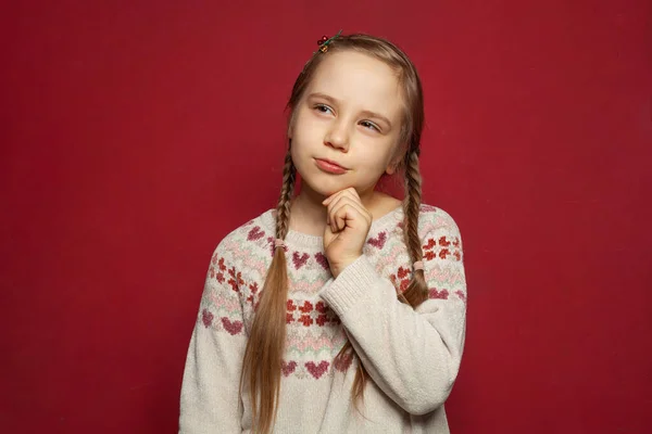 Retrato Menina Bonito Criança Com Tranças Isolado Sobre Fundo Vermelho — Fotografia de Stock