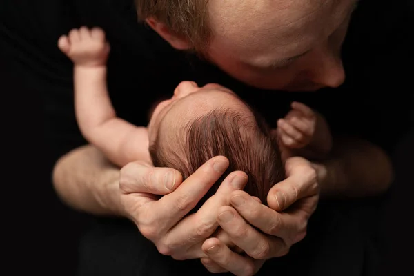 Happy Father Kisses His Newborn Baby Sleeping Soundly Peacefully Concept — Stock Photo, Image