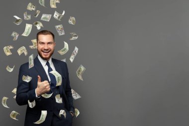 İş, para, finans, insanlar ve bankacılık kavramı. Gri üzerine bir dolar para yatıran mutlu iş adamı.