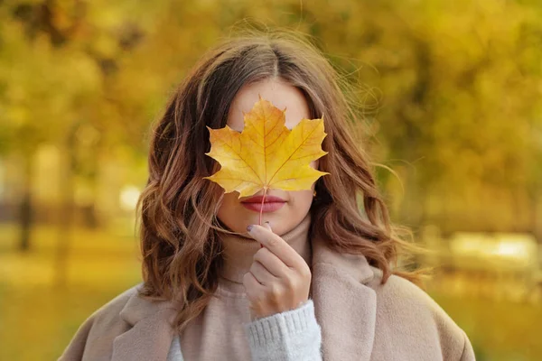 Hermosa Mujer Sonriente Sosteniendo Caída Hoja Arce Amarillo Cubriendo Sus — Foto de Stock