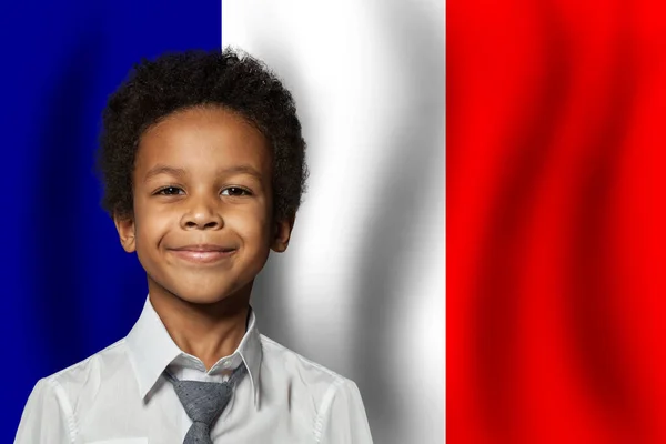 Französischer Junge Mit Französischer Fahne Hintergrund Bildungs Und Kindheitskonzept — Stockfoto