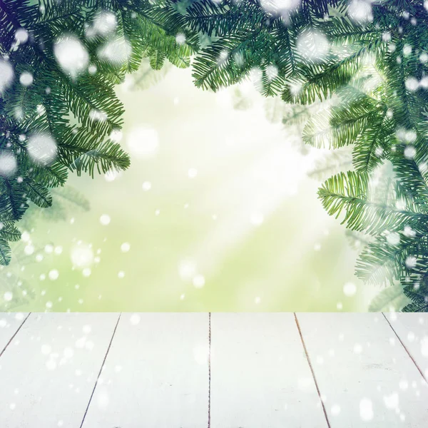 Boże Narodzenie Tło Granica Zimą Zielony Jodła Biały Pusty Drewniany — Zdjęcie stockowe