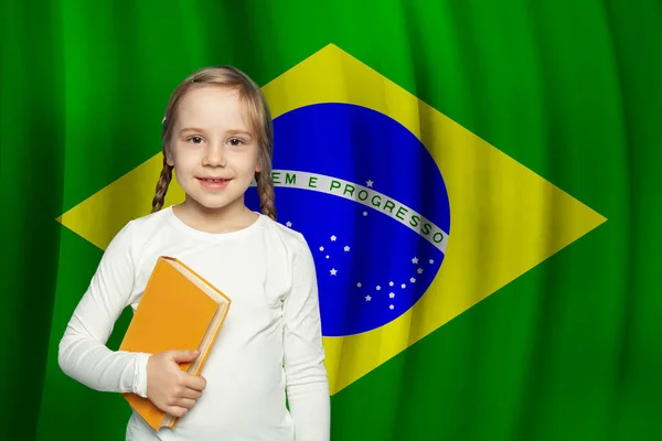 Beautiful Little Girl Textbook Brazilian Flag Background — Stock Photo, Image