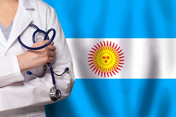 Argentinská Medicína Koncept Zdravotní Péče Lékař Zblízka Vlajku Argentiny Pozadí — Stock fotografie