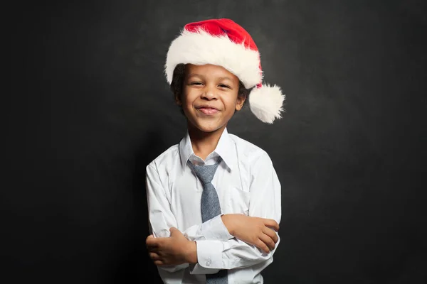 Heureux Enfant Noir Étudiant Garçon Chapeau Père Noël Avec Les — Photo