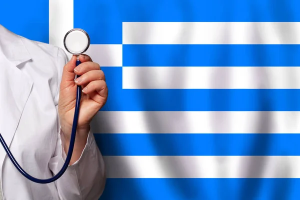 Greek Medical Worker Hand Stethoscope Flag Greece Background — Stock Photo, Image