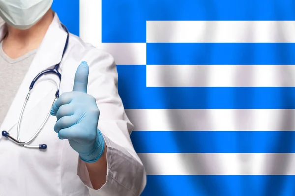 Greek Doctor Hand Showing Thumb Positive Gesture Flag Greece Background — Stock Photo, Image