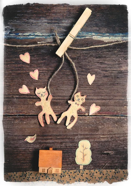 Valentines day card with handmade cats as lovers — Stock Photo, Image