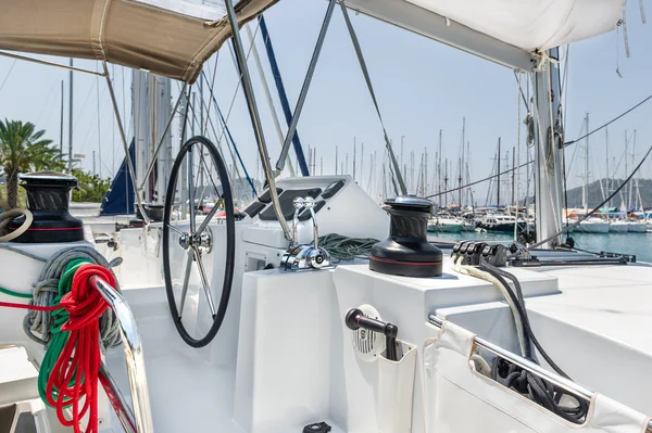 Sailing catamaran helm station