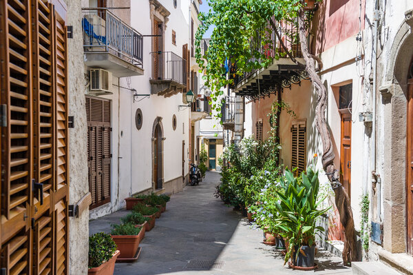 Lipari old town narrow streets. Italy touristic places.