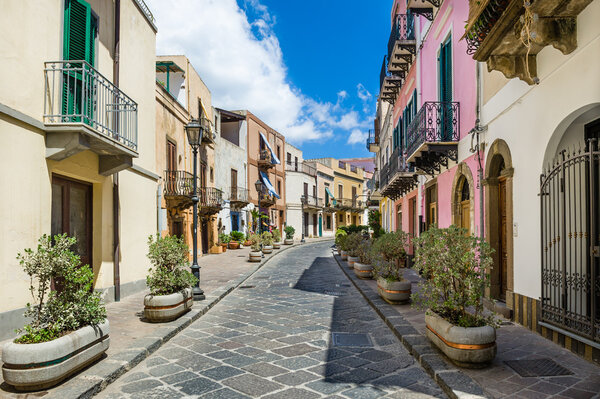 Lipari colorful old town streets. Italy touristic places.