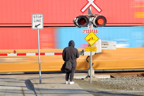 Wide, reverse view of a person waiting by a lowered train crossing gate and a sign warning that two trains could be passing as a cargo train speeds by.