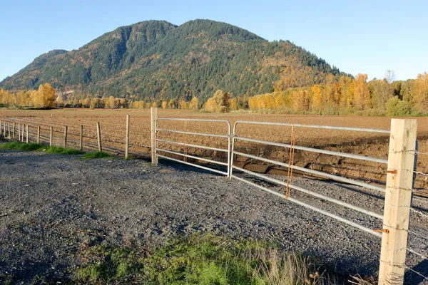 Farmland Framed Heavy Post Beam Fence Backed Rolling Hills — Stock Photo, Image