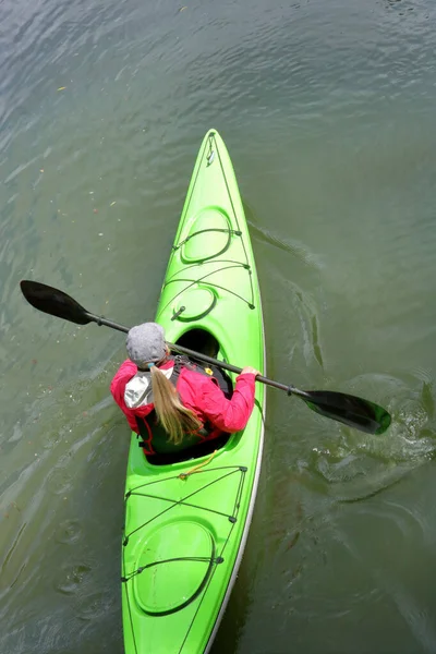 Overhead View Female Kayak Paddling Vertical Frame Single Seat Kayak — Stock Photo, Image