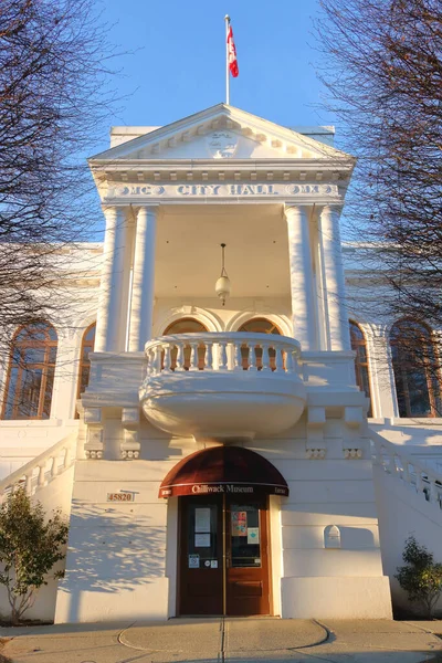 Classic White Pillars Steeple Balcony Marks Entrance Chilliwack Museum Seen — Stock Photo, Image