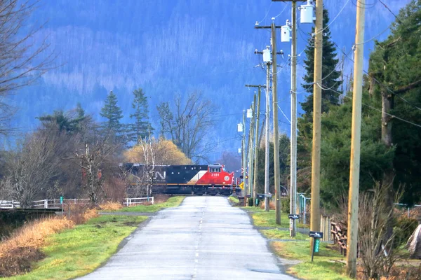 加拿大国民列车或Cn型列车在农村地区从左向右穿过街道交叉口的全景 — 图库照片
