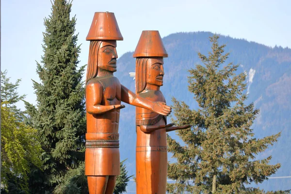 Profile View Two Totem Poles Created Canada First Nations Stolo — Photo