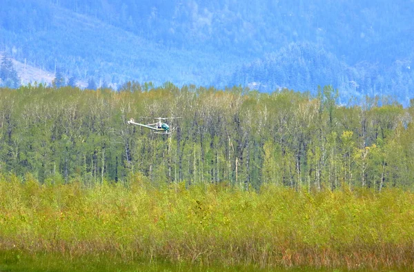 一架小直升机从左到右穿越崎岖的森林地形的广角 — 图库照片