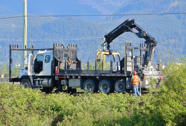 特殊フック又はホイストを使用して鉄道線を修復するために使用される重金属棒を移動するカナダ国民又はCn鉄道労働者の完全なプロフィール — ストック写真