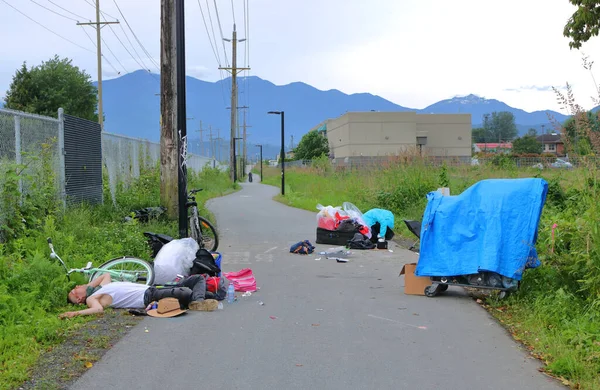 Egy Kanyargós Ösvény Vezet Semmibe Egy Hajléktalan Alszik Ösvény Mellett — Stock Fotó