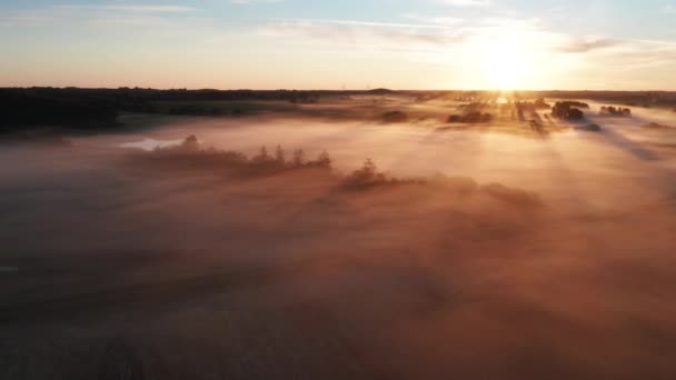 Adembenemend Drone landschap Vangen zonsopgang met Horizon bedekt met Mist — Stockvideo