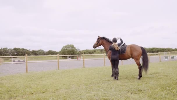 Женщина в чёрной коробке передач садится на лошадь — стоковое видео