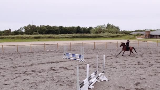 Drone Of Woman Horse Jumping Around Paddock — Stock Video