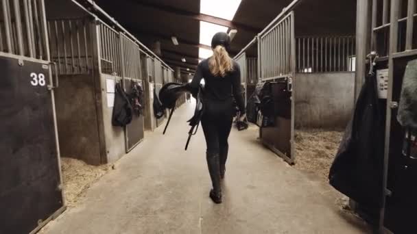 Femme dans l'équipement d'équitation portant la selle à travers les écuries — Video