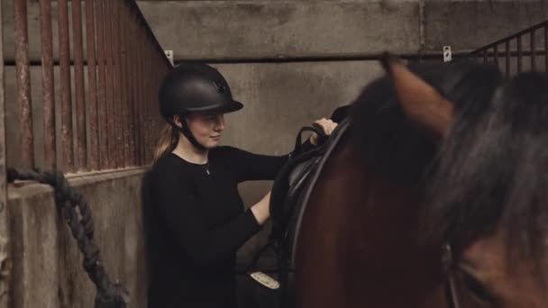 Γυναίκα προετοιμασία σέλα στο άλογο σε στοίβα των στάβλων — Αρχείο Βίντεο