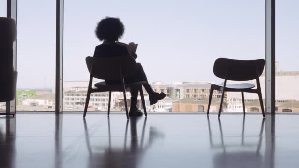 Femme assise et lisant dans la chaise de bibliothèque devant la fenêtre — Video