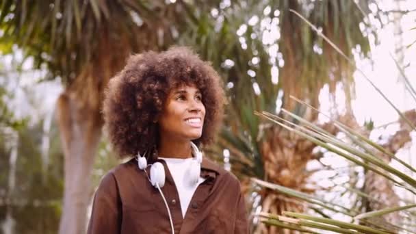 Mulher jovem explorando jardins botânicos iluminados pelo sol — Vídeo de Stock