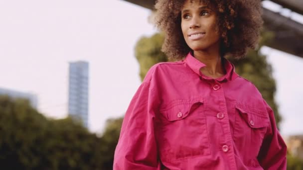 Sorrindo jovem mulher com cabelo afro na moda rosa brilhante — Vídeo de Stock