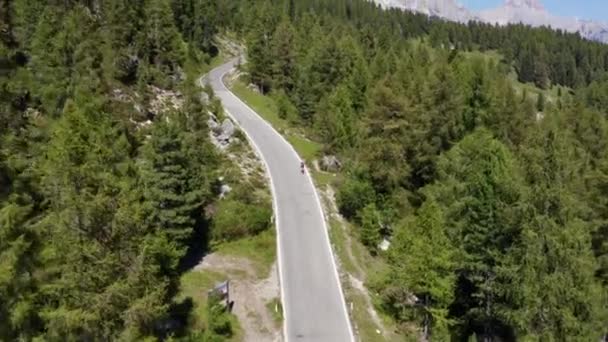 Lush Forest Trees, Man on Bicycle Track with a Drone View of the Passo Guiao — Stock Video
