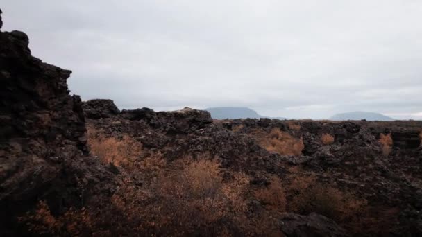 Drönare över vulkaniska stenar och terräng i Dimmuborgir — Stockvideo