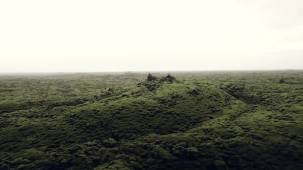 Drone sobre neblina paisagem campo de lava verde — Vídeo de Stock