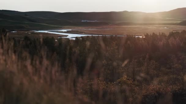 Rustig landschap met rivier en bomen in de herfst als zonsopgang — Stockvideo