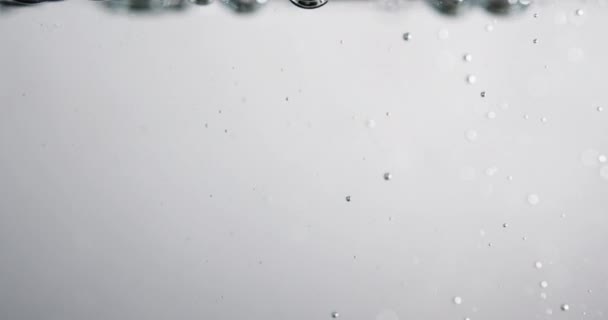 Bubbels stijgen in het water te oppervlak tegen grijze achtergrond — Stockvideo