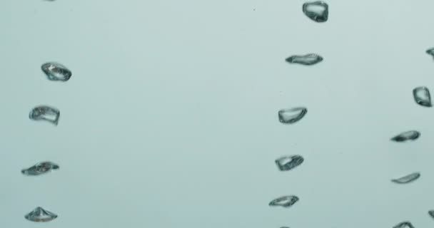 Stijgende bubbels bewegen door het water tegen blauwe achtergrond — Stockvideo